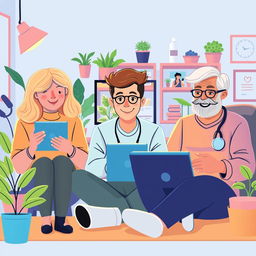 A vibrant and engaging illustration depicting the concept of telehealth, showcasing real people interacting through modern technology
