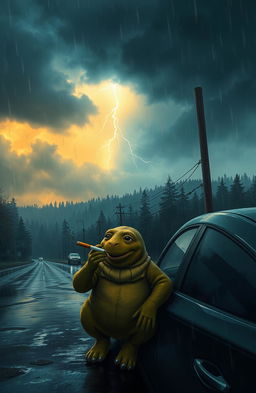 A moody urban landscape depicting a rainy scene with grime splashes on the slick streets, reflecting oil puddles, as unforgiving hail falls from the stormy sky