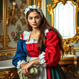 A young female housemaid in traditional French clothing from the years 1643 to 1715, featuring bright colors such as vivid blues, reds, and greens