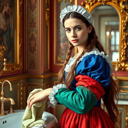 A young female housemaid in traditional French clothing from the years 1643 to 1715, featuring bright colors such as vivid blues, reds, and greens
