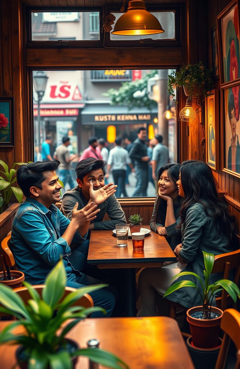 Kuch kehna hai, a vibrant scene depicting a group of cheerful friends sitting in a cozy café, animatedly conversing with each other