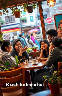 Kuch kehna hai, a vibrant scene depicting a group of cheerful friends sitting in a cozy café, animatedly conversing with each other