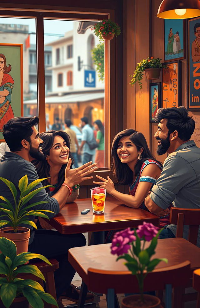 Kuch kehna hai, a vibrant scene depicting a group of cheerful friends sitting in a cozy café, animatedly conversing with each other