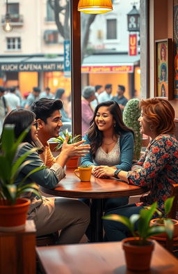 Kuch kehna hai, a vibrant scene depicting a group of cheerful friends sitting in a cozy café, animatedly conversing with each other