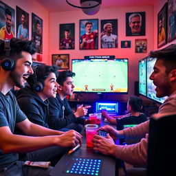 An exciting scene depicting five young men intensely engaged in a passionate Pro Evolution Soccer (PES) video game tournament