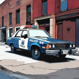 A high-quality digital art image featuring a beat-up, old police car parked in an urban setting