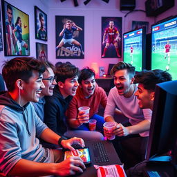 An exciting scene depicting five young men intensely engaged in a passionate Pro Evolution Soccer (PES) video game tournament