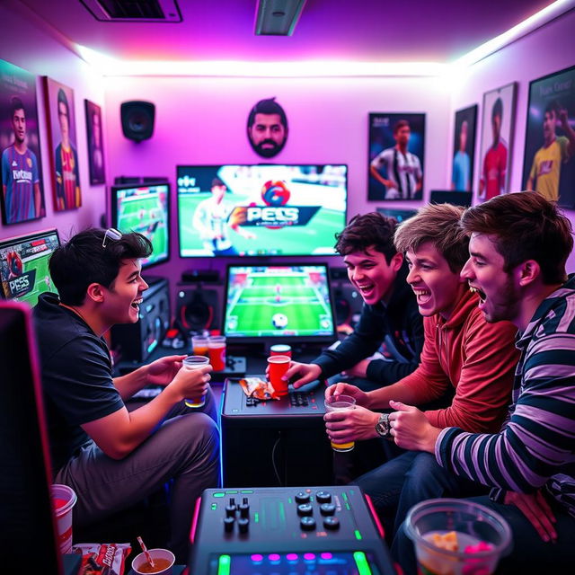 An exciting scene depicting five young men intensely engaged in a passionate Pro Evolution Soccer (PES) video game tournament