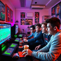 An exciting scene depicting five young men intensely engaged in a passionate Pro Evolution Soccer (PES) video game tournament
