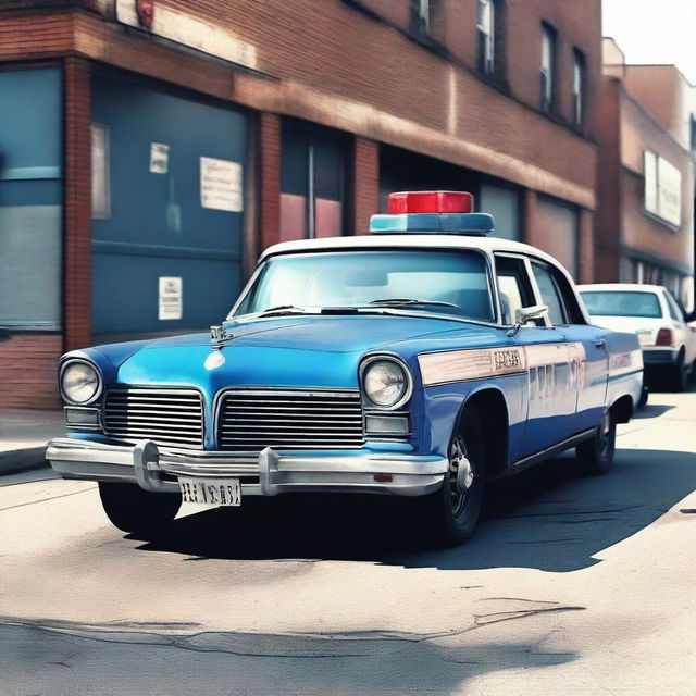 A high-quality digital art image featuring a beat-up, old police car parked in an urban setting