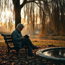 A melancholic scene depicting a solitary poet sitting on a park bench under a weeping willow tree, surrounded by fallen autumn leaves