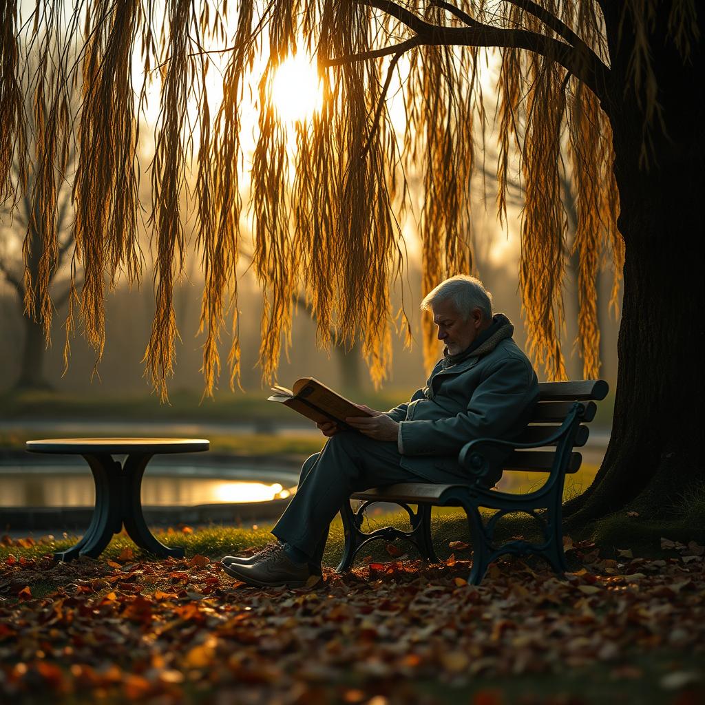 A melancholic scene depicting a solitary poet sitting on a park bench under a weeping willow tree, surrounded by fallen autumn leaves