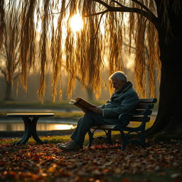 A melancholic scene depicting a solitary poet sitting on a park bench under a weeping willow tree, surrounded by fallen autumn leaves