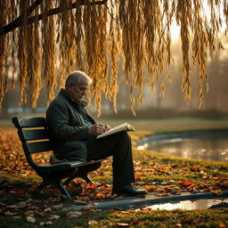 A melancholic scene depicting a solitary poet sitting on a park bench under a weeping willow tree, surrounded by fallen autumn leaves
