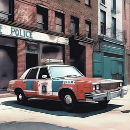 A high-quality digital art image featuring a beat-up, old police car parked in an urban setting