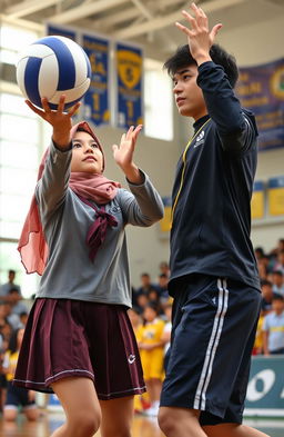 A dynamic scene depicting two high school students of different genders competing for a volleyball