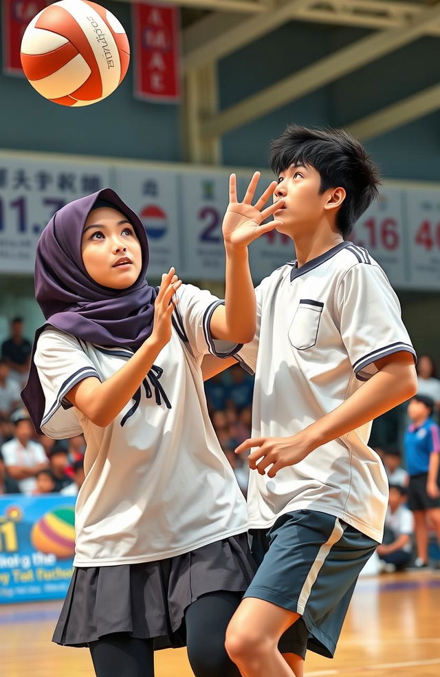 A dynamic scene depicting two high school students of different genders competing for a volleyball