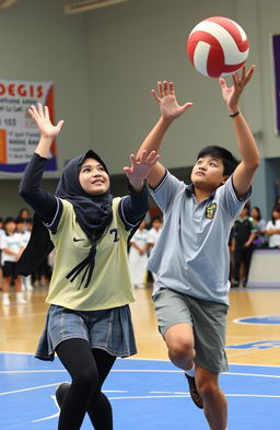 A dynamic scene depicting two high school students of different genders competing for a volleyball
