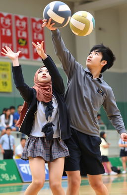 A dynamic scene depicting two high school students of different genders competing for a volleyball