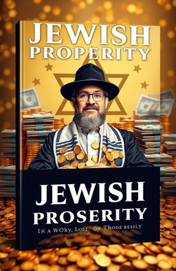 A striking cover design for an eBook about Jewish prosperity, featuring a wealthy Jewish man surrounded by piles of gold coins and stacks of money
