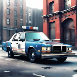 A high-quality digital art image featuring a beat-up, old police car parked in an urban setting