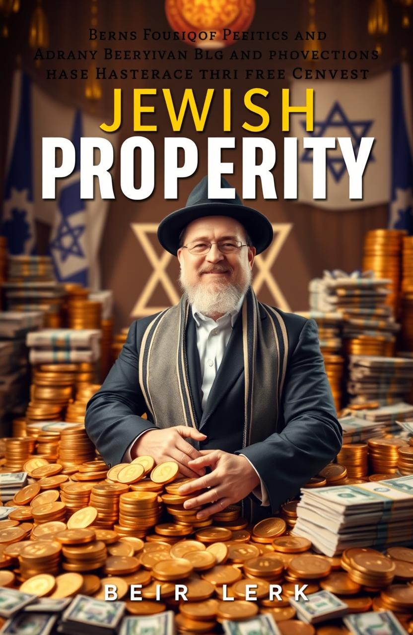 A striking cover design for an eBook about Jewish prosperity, featuring a wealthy Jewish man surrounded by piles of gold coins and stacks of money
