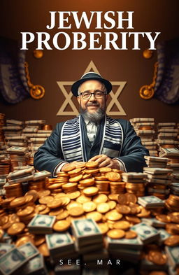 A striking cover design for an eBook about Jewish prosperity, featuring a wealthy Jewish man surrounded by piles of gold coins and stacks of money