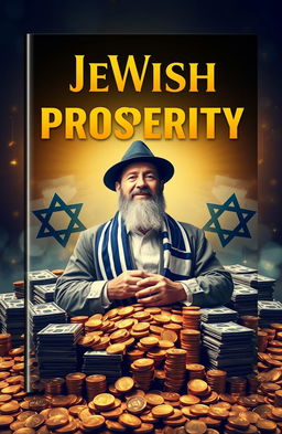 A striking cover design for an eBook about Jewish prosperity, featuring a wealthy Jewish man surrounded by piles of gold coins and stacks of money