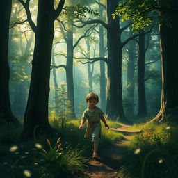 A poignant scene depicting a lost child wandering through a mysterious, enchanting forest filled with tall, ancient trees and soft, dappled sunlight filtering through the leaves