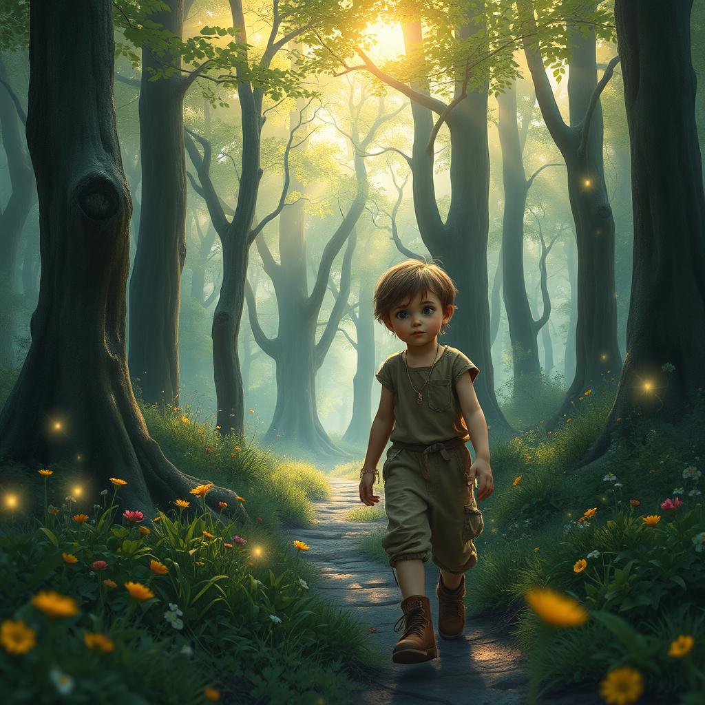 A poignant scene depicting a lost child wandering through a mysterious, enchanting forest filled with tall, ancient trees and soft, dappled sunlight filtering through the leaves