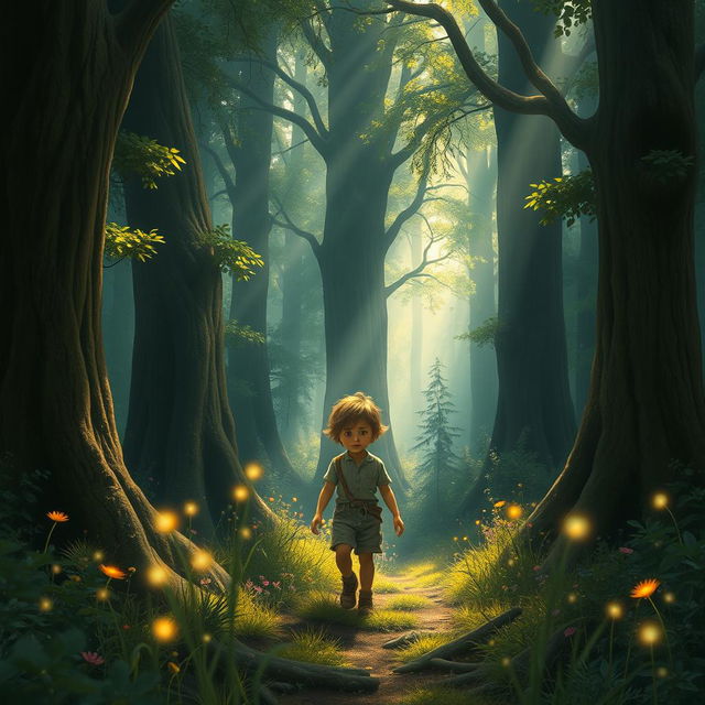 A poignant scene depicting a lost child wandering through a mysterious, enchanting forest filled with tall, ancient trees and soft, dappled sunlight filtering through the leaves