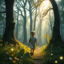 A poignant scene depicting a lost child wandering through a mysterious, enchanting forest filled with tall, ancient trees and soft, dappled sunlight filtering through the leaves