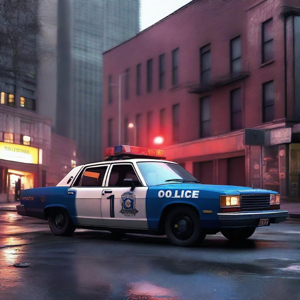 A high-resolution digital art image showcasing an old, beat-up police car in an urban setting