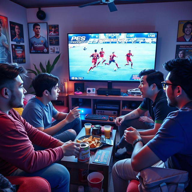 A vibrant scene depicting five young men intensely engaged in a tournament of Pro Evolution Soccer (PES) on a large screen