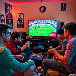 A vibrant scene depicting five young men intensely engaged in a tournament of Pro Evolution Soccer (PES) on a large screen