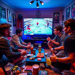 A vibrant scene depicting five young men intensely engaged in a tournament of Pro Evolution Soccer (PES) on a large screen