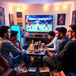 A vibrant scene depicting five young men intensely engaged in a tournament of Pro Evolution Soccer (PES) on a large screen