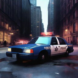 A high-resolution digital art image showcasing an old, beat-up police car in an urban setting