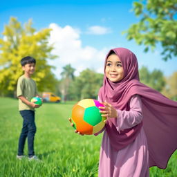 A scene depicting a young girl wearing a hijab, smiling as she holds a brightly colored ball in her hands