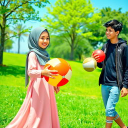 A scene depicting a young girl wearing a hijab, smiling as she holds a brightly colored ball in her hands
