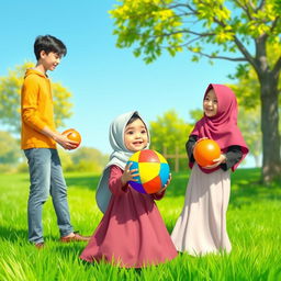 A scene depicting a young girl wearing a hijab, smiling as she holds a brightly colored ball in her hands