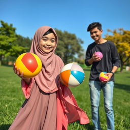 A scene depicting a young girl wearing a hijab, smiling as she holds a brightly colored ball in her hands