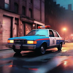 A high-resolution digital art image showcasing an old, beat-up police car in an urban setting