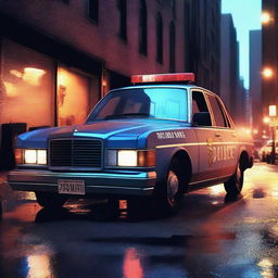 A high-resolution digital art image showcasing an old, beat-up police car in an urban setting