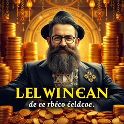A powerful Jewish man surrounded by a lavish display of gold and money, exuding an aura of wealth and success