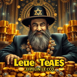 A powerful Jewish man surrounded by a lavish display of gold and money, exuding an aura of wealth and success