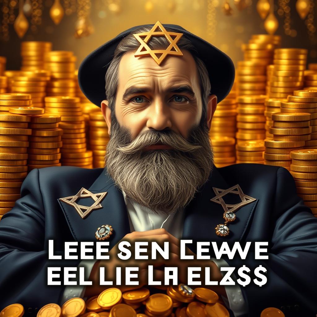 A powerful Jewish man surrounded by a lavish display of gold and money, exuding an aura of wealth and success