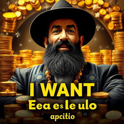 A powerful Jewish man surrounded by a lavish display of gold and money, exuding an aura of wealth and success