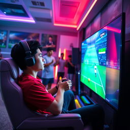 A person intensely playing FIFA video game on a large screen, with vivid colors illuminating the room