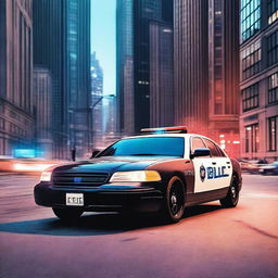 A premium quality digital art image featuring a sleek, modern police car